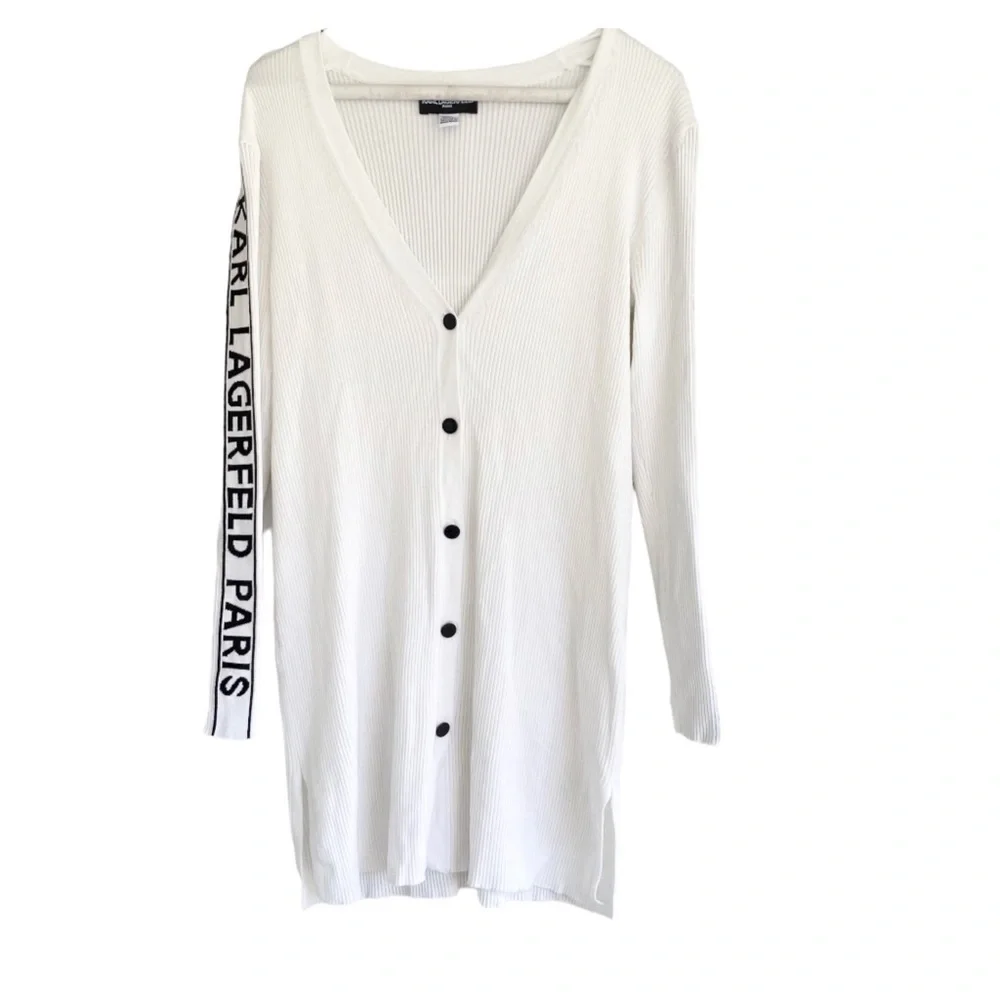 Karl Lagerfeld Paris Long Cardigan Ribbed White/Black Sweater Side Arm Logo XS - Picture 5 of 8